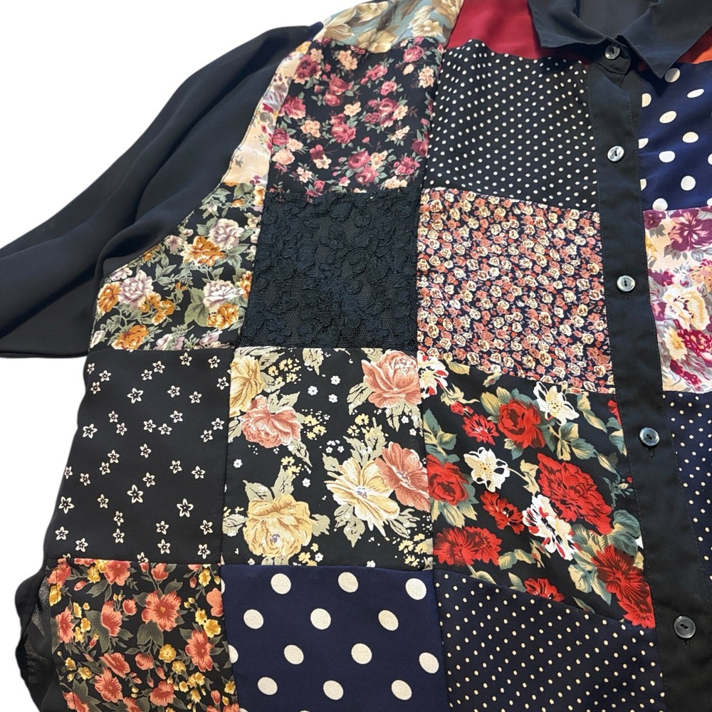 Vintage 90s Express Multicolor Patchwork Women's Tunic Blouse Button Front Flowy - Picture 8 of 11